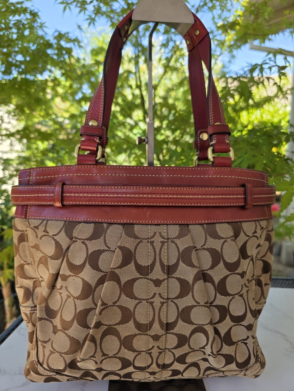 Coach Y2K Hamptons Brown Signature Canvas Tote with Red Leather Trim - Picture 8 of 15